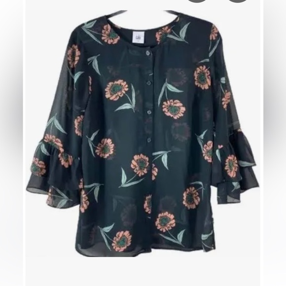 CAbi Black Sheer Blouse with Floral Accents - Picture 2 of 9